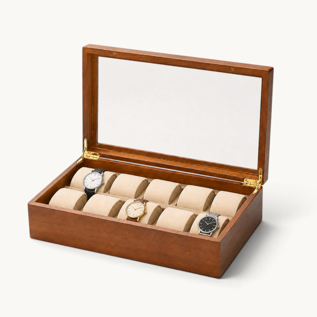 Boîte à montres 10 emplacements en bois massif, intérieur beige et fermeture magnétique