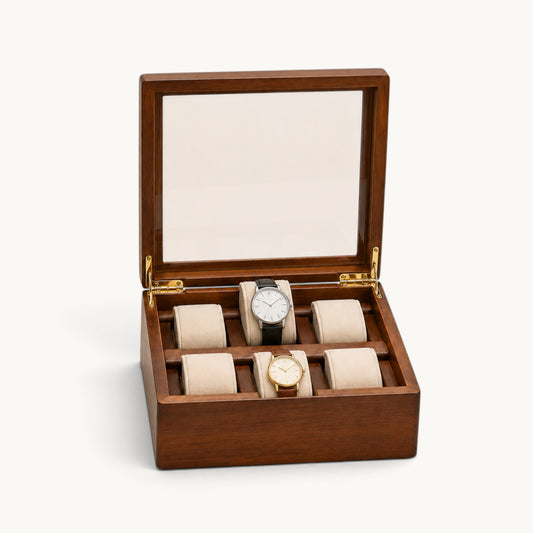 Boîte à montres 6 emplacements en bois massif avec intérieur beige