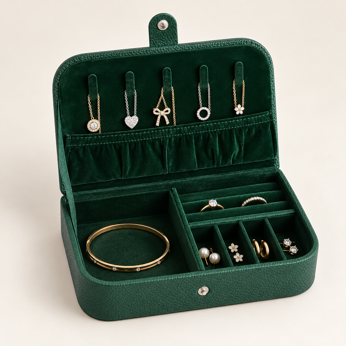 Boîte à bijoux de voyage grand format verte ouverte avec bijoux