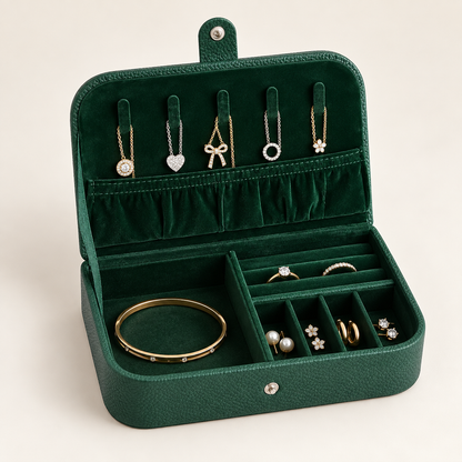 Boîte à bijoux de voyage grand format verte ouverte avec bijoux