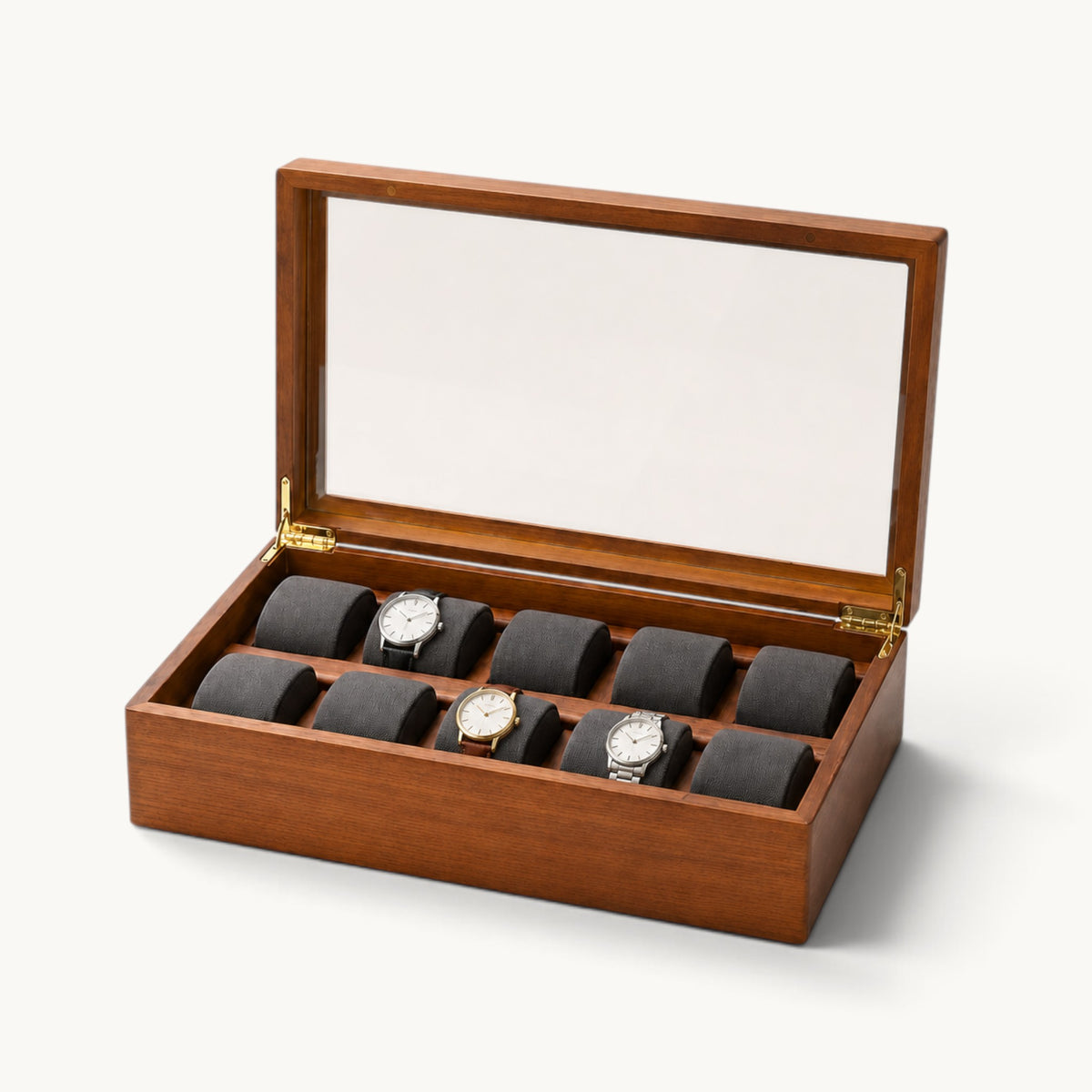 Boîte à montres 10 emplacements en bois massif, intérieur gris et fermeture magnétique