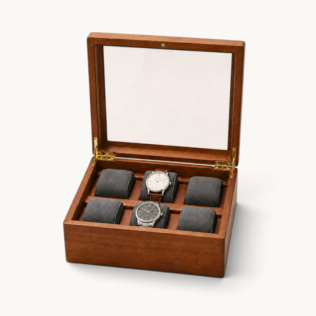 Boîte à montres 6 emplacements en bois massif avec intérieur gris