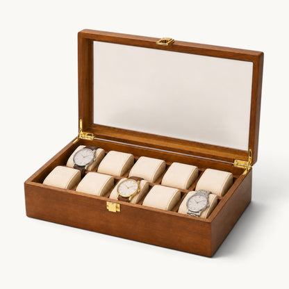 Boîte à montres 10 emplacements, intérieur beige et fermeture à boucle