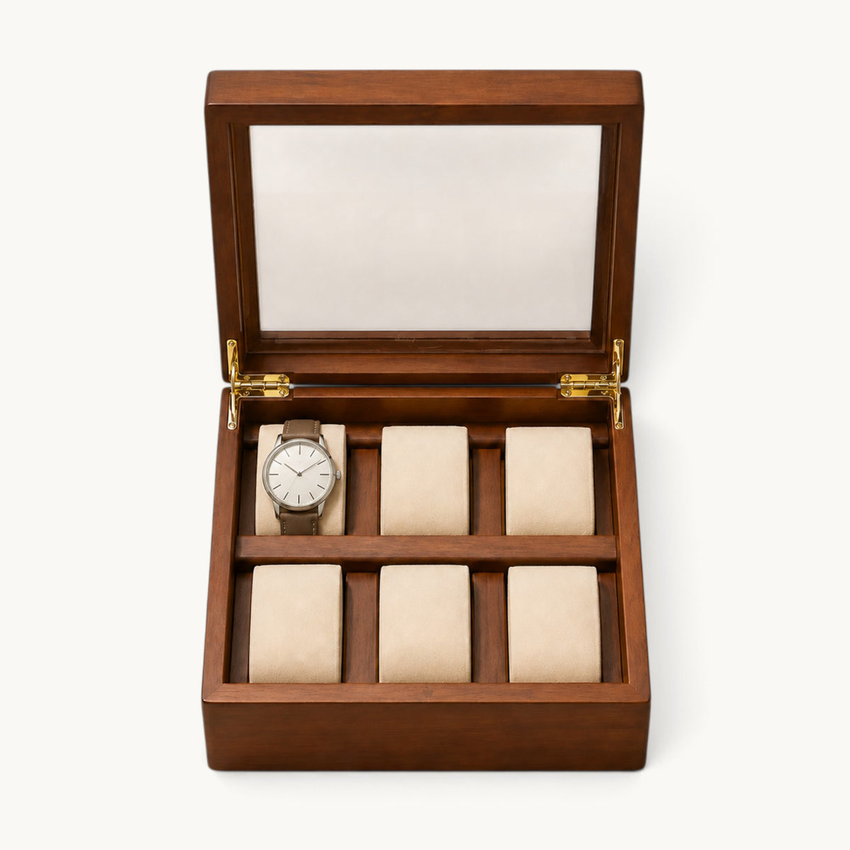 Vue de dessus de la boîte à montres 6 emplacements avec coussins beige