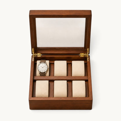 Vue de dessus de la boîte à montres 6 emplacements avec coussins beige