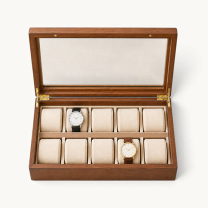 Vue de dessus de la boîte à montres 10 emplacements avec coussins beige