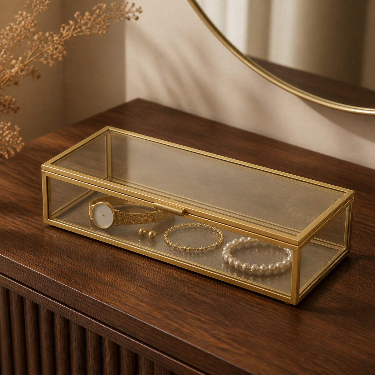 Boîte à bijoux en verre et doré posée sur une commode