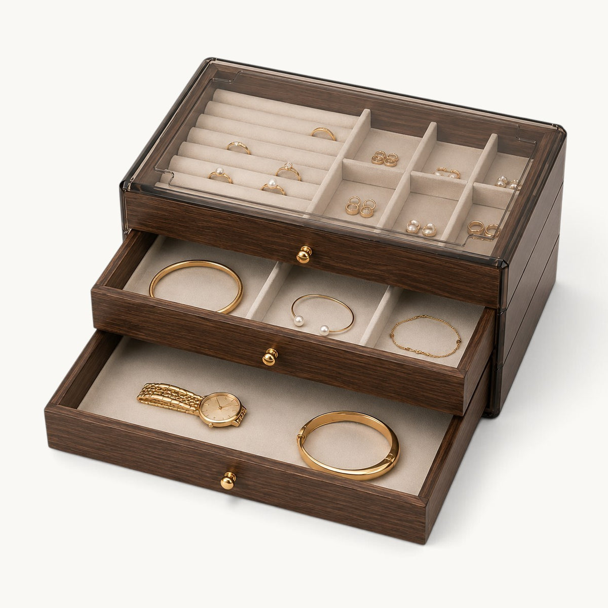 Plateau mixte de la boîte à bijoux 3 tiroirs, rouleaux à bagues et compartiments, tiroir du bas pour montres et bracelets larges
