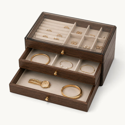 Plateau mixte de la boîte à bijoux 3 tiroirs, rouleaux à bagues et compartiments, tiroir du bas pour montres et bracelets larges
