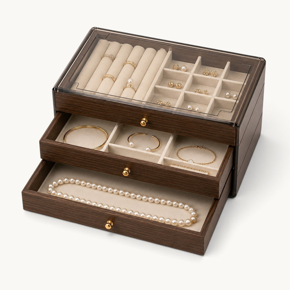 Plateau à rouleaux à bagues de la boîte à bijoux 3 tiroirs, avec compartiments à droite