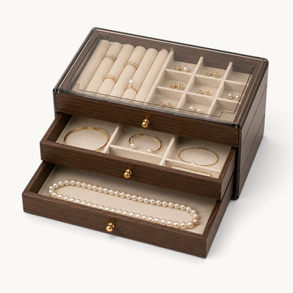 Plateau à rouleaux à bagues de la boîte à bijoux 3 tiroirs, avec compartiments à droite