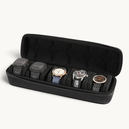 Boîte à montres de voyage 5 emplacements ouverte, doublure microfibre noire et cinq montres