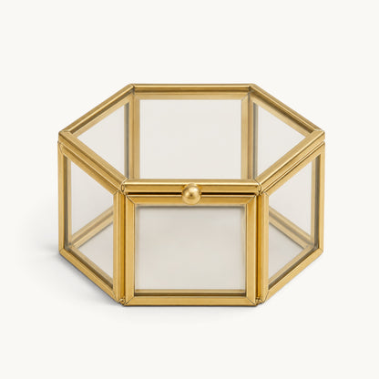 Boîte à bagues hexagonale fermée en verre et métal doré