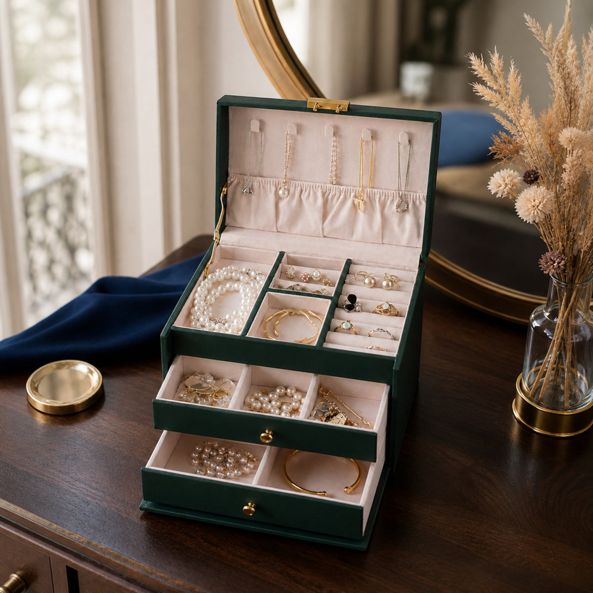 Boîte à bijoux avec serrure vert profond ouverte sur une coiffeuse