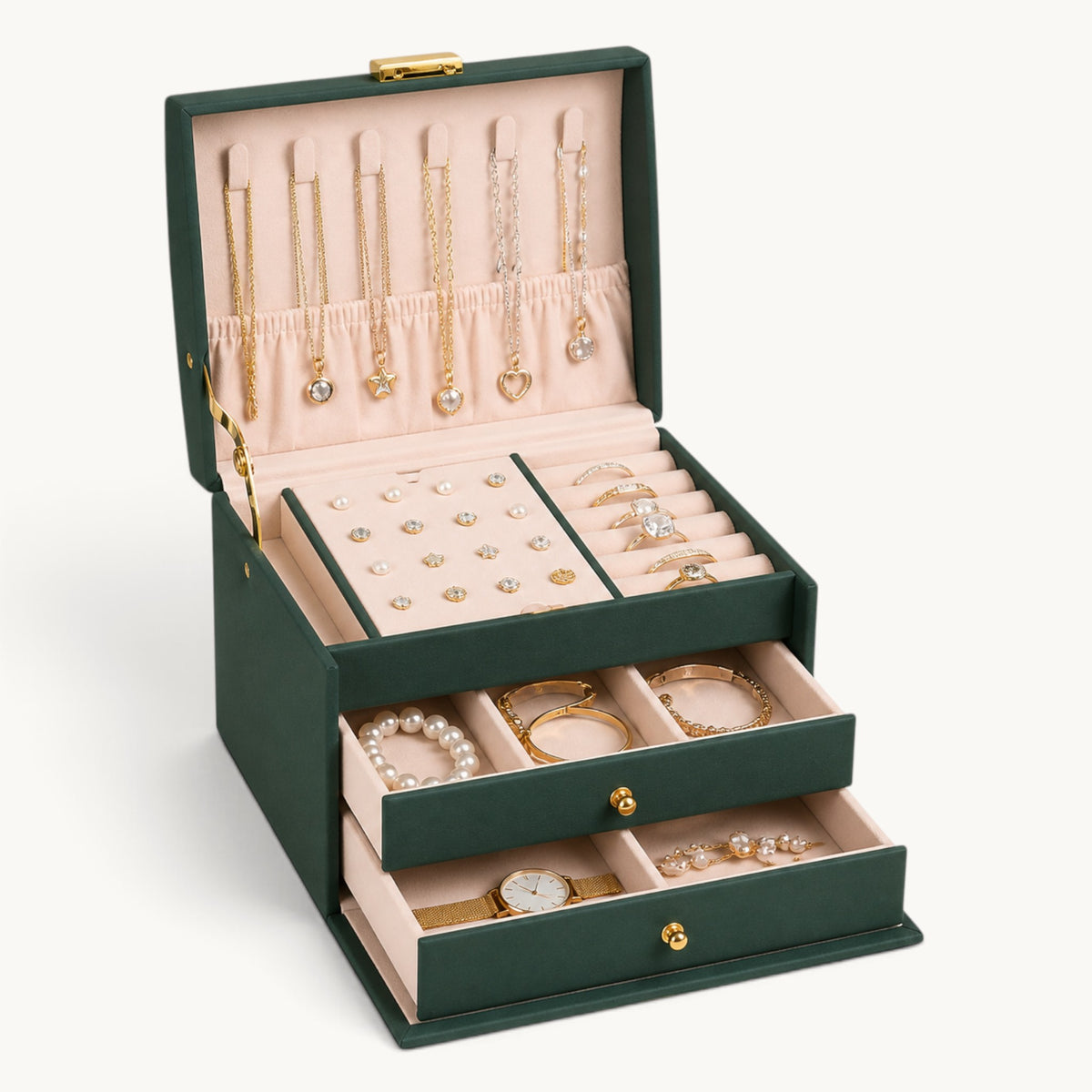 Boîte à bijoux avec serrure vert profond ouverte avec deux tiroirs et rangements intérieurs