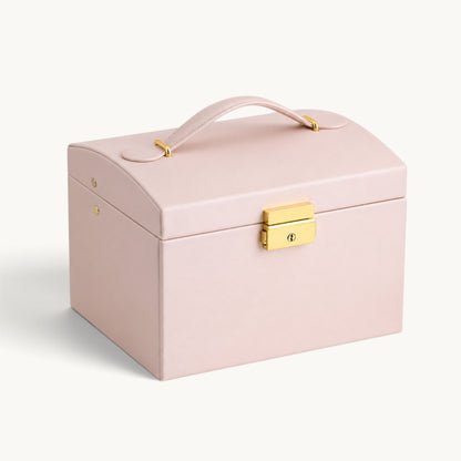 Boîte à bijoux avec serrure rose poudré effet cuir avec poignée et fermoir doré