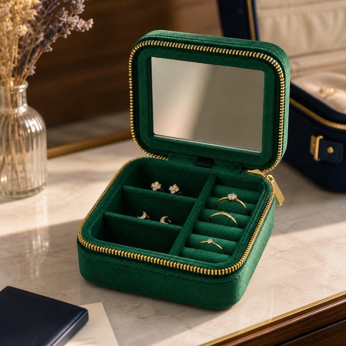 Boîte à bijoux de voyage avec miroir ouverte sur une coiffeuse d’hôtel