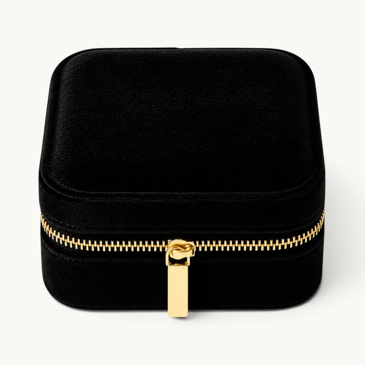 Boîte à bijoux de voyage avec miroir en velours noir, fermée