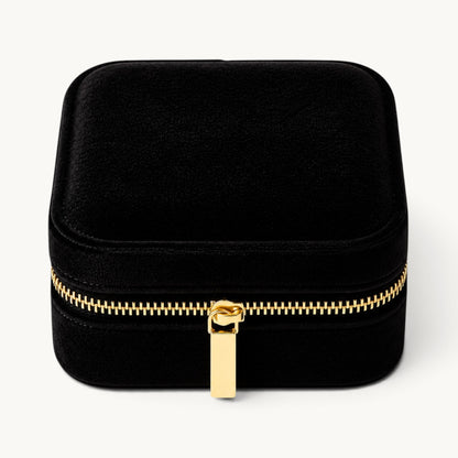 Boîte à bijoux de voyage avec miroir en velours noir, fermée
