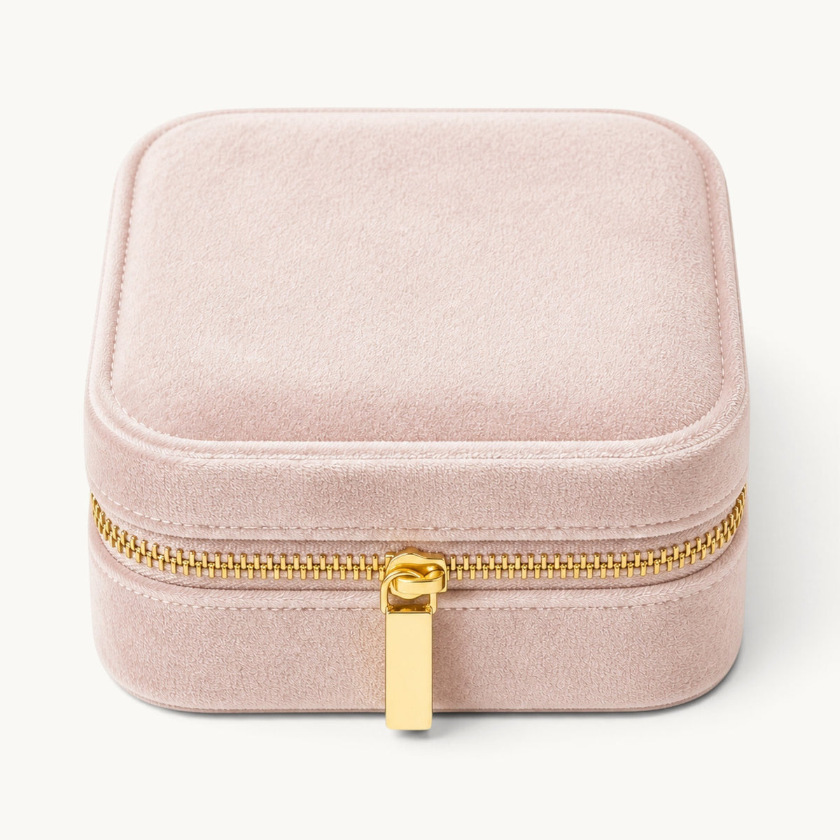 Boîte à bijoux de voyage avec miroir en velours rose et blanc, fermée