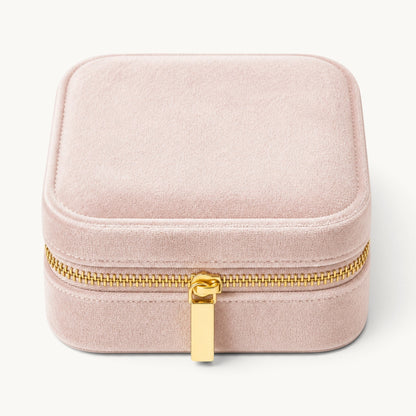 Boîte à bijoux de voyage avec miroir en velours rose et blanc, fermée