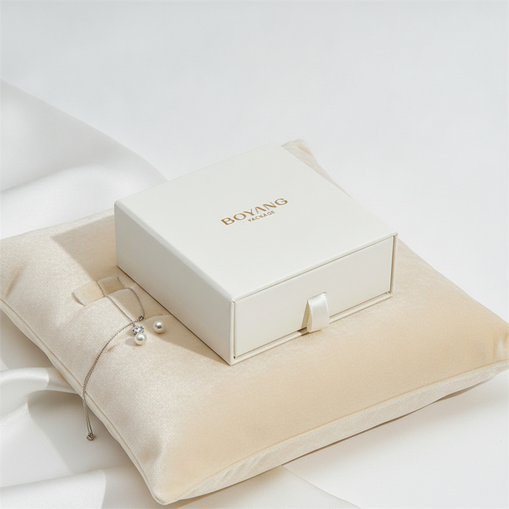Écrin blanc posé sur une pochette à bijoux beige avec des boucles d’oreilles