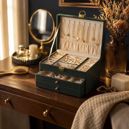 Grande boîte à bijoux verte ouverte sur une coiffeuse en bois, colliers suspendus et bijoux rangés