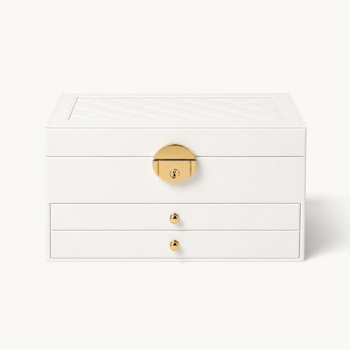 Grande boîte à bijoux blanche fermée, couvercle matelassé et fermoir doré à serrure