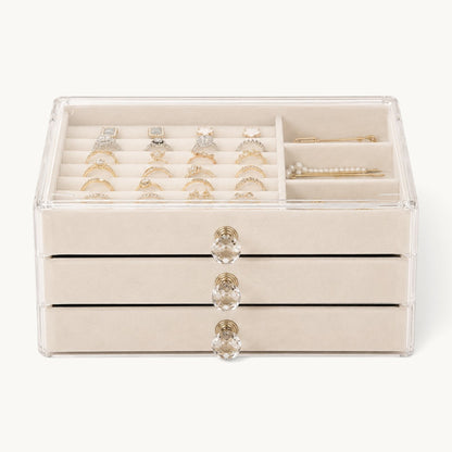 Organisateur de bijoux à tiroirs beige fermé, cadre acrylique et boutons en cristal taillé