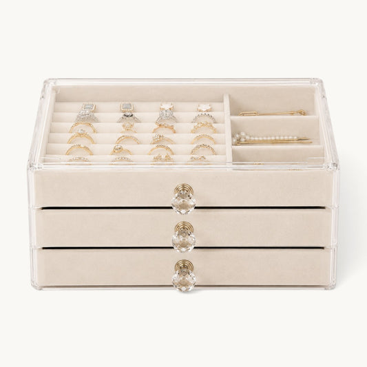 Organisateur de bijoux à tiroirs beige fermé, cadre acrylique et boutons en cristal taillé