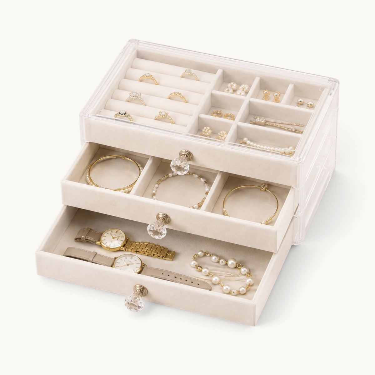 Organisateur de bijoux à tiroirs beige, plateau à rouleaux à bagues et compartiments à droite