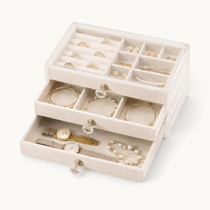 Organisateur de bijoux à tiroirs beige, plateau à rouleaux à bagues et compartiments à droite