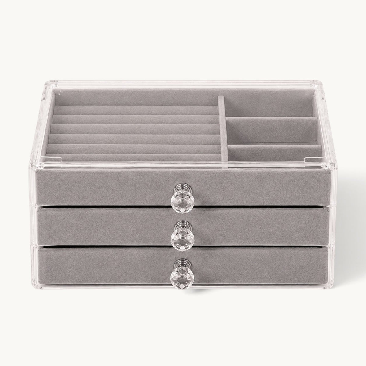 Organisateur de bijoux à tiroirs gris fermé, cadre acrylique et boutons en cristal taillé