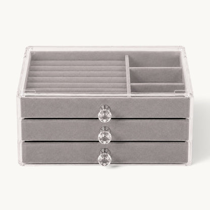 Organisateur de bijoux à tiroirs gris fermé, cadre acrylique et boutons en cristal taillé