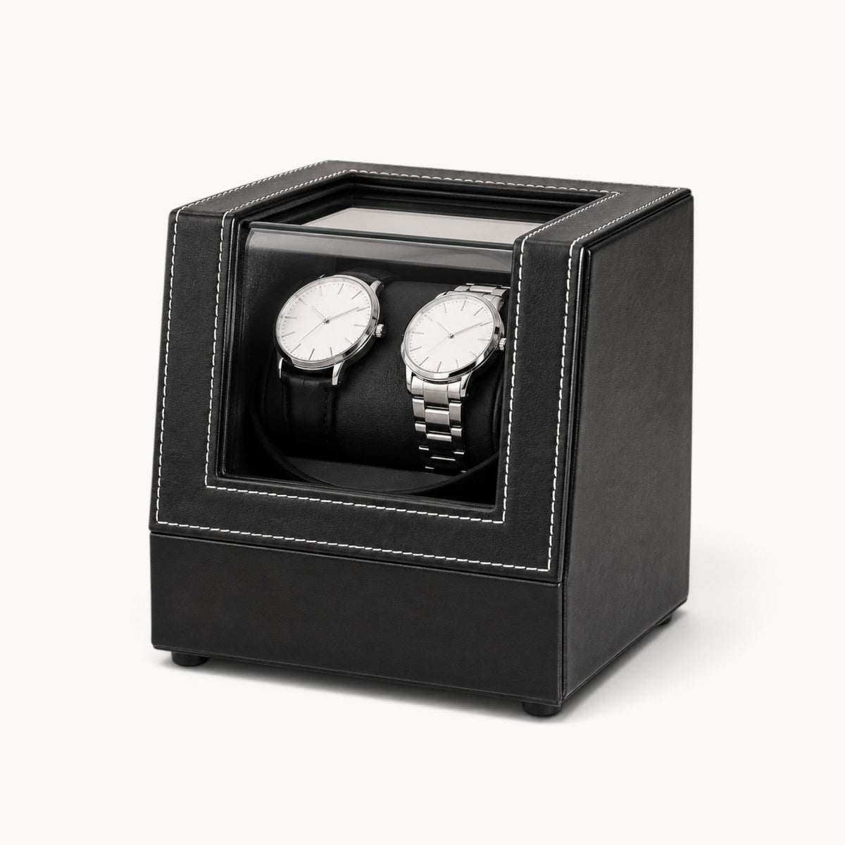 Remontoir double montre automatique noir fermé, vitrine transparente et deux montres visibles à l'intérieur