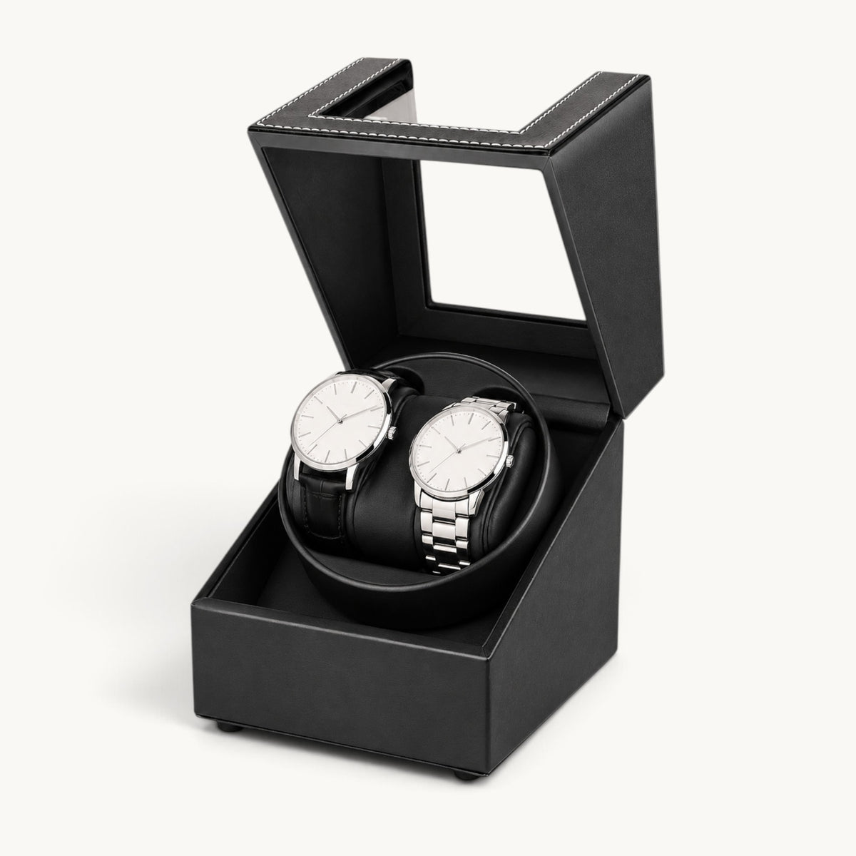 Remontoir double montre automatique noir ouvert, couvercle relevé et deux montres sur le rotor commun