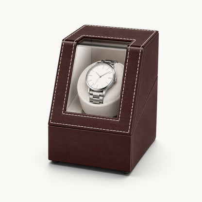 Remontoir montre automatique marron fermé, vitrine transparente et surpiqûre claire